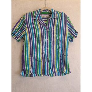 CHAUS Petites Womens Striped Sequin Button‎ Up Shirt Size 12 Rayon